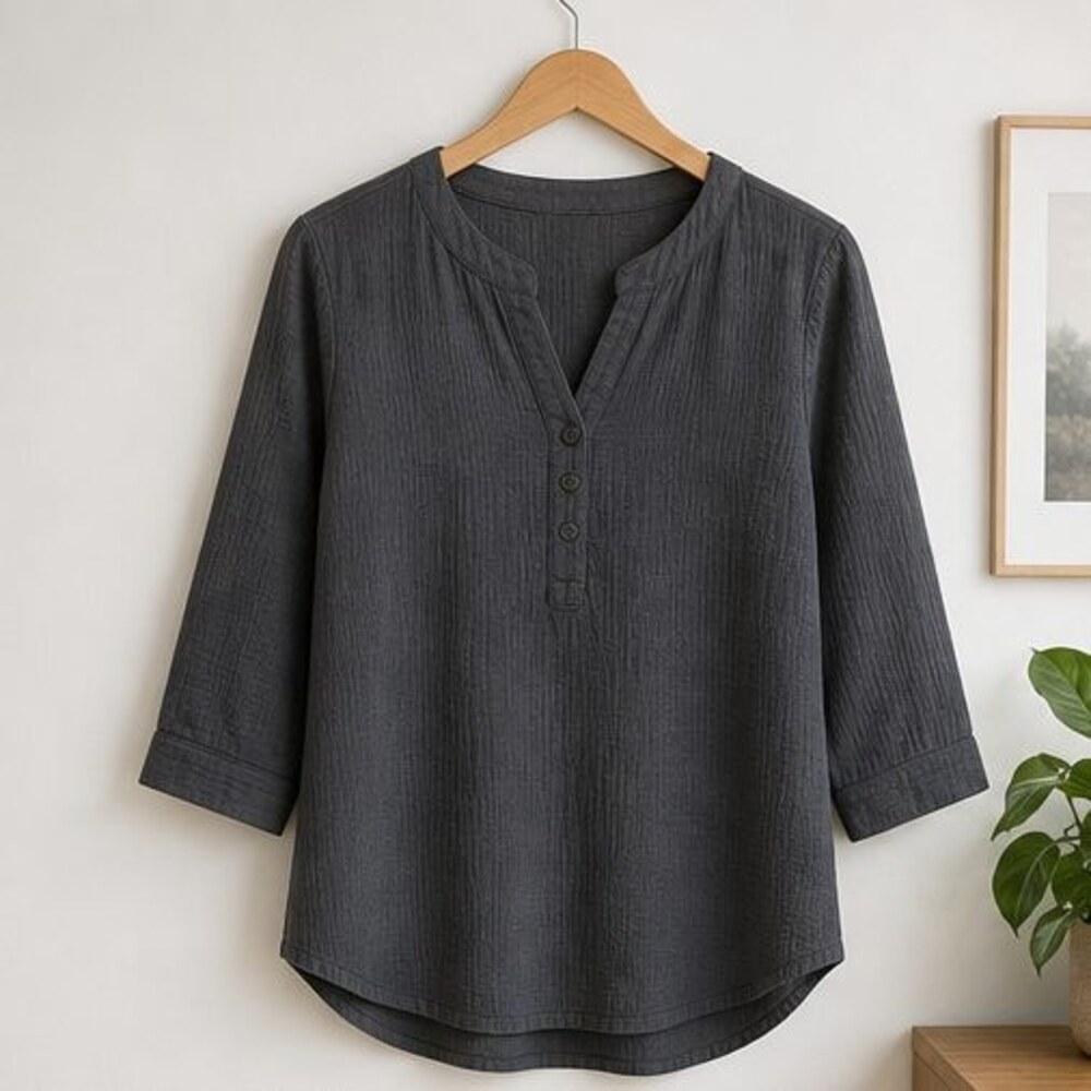 Charcoal Henley Notch Neck Blouse
